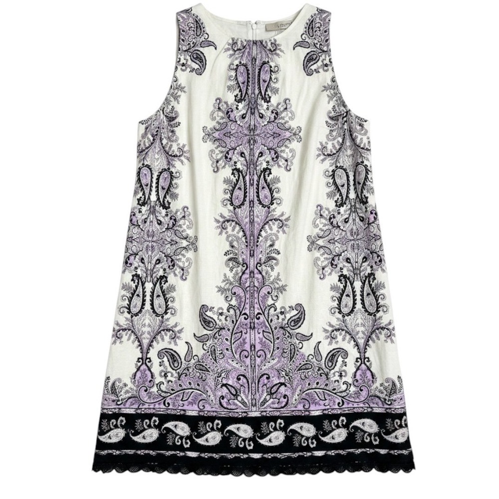 LOFT Paisley Shift Dress Womens 14 White Purple Lined Sleeveless Lace Trim